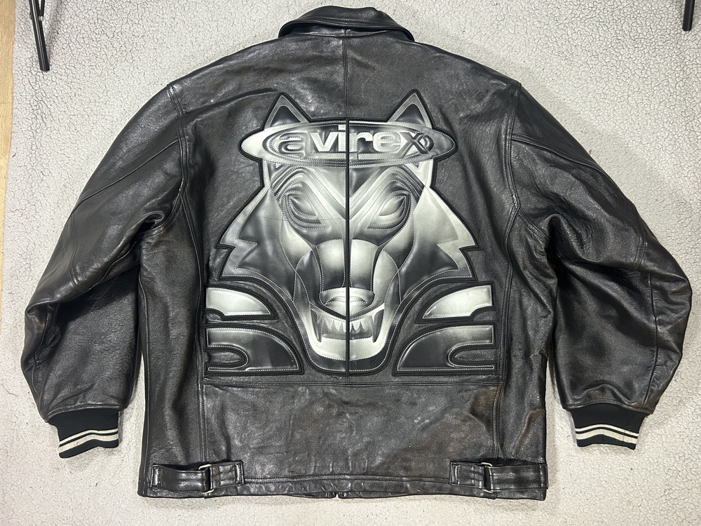 Avirex Leather Jacket Mens 3XL Black Wolf Patch Vintage Y2K Hip Hop Biker